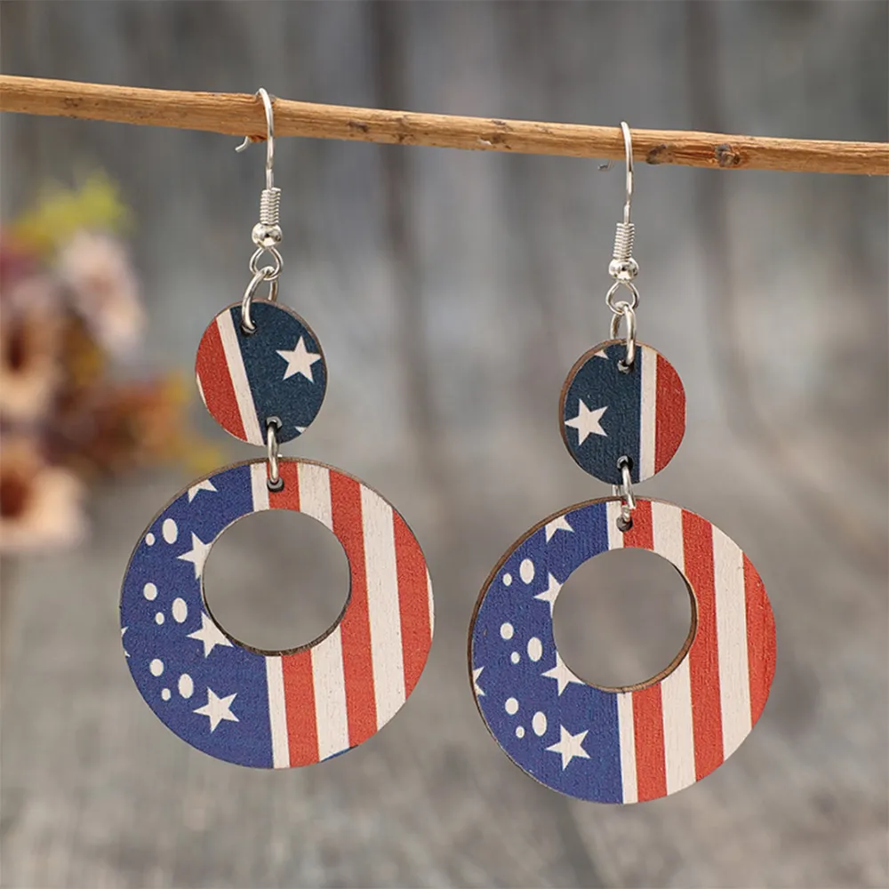 Red Blue Pattern Wooden Earrings