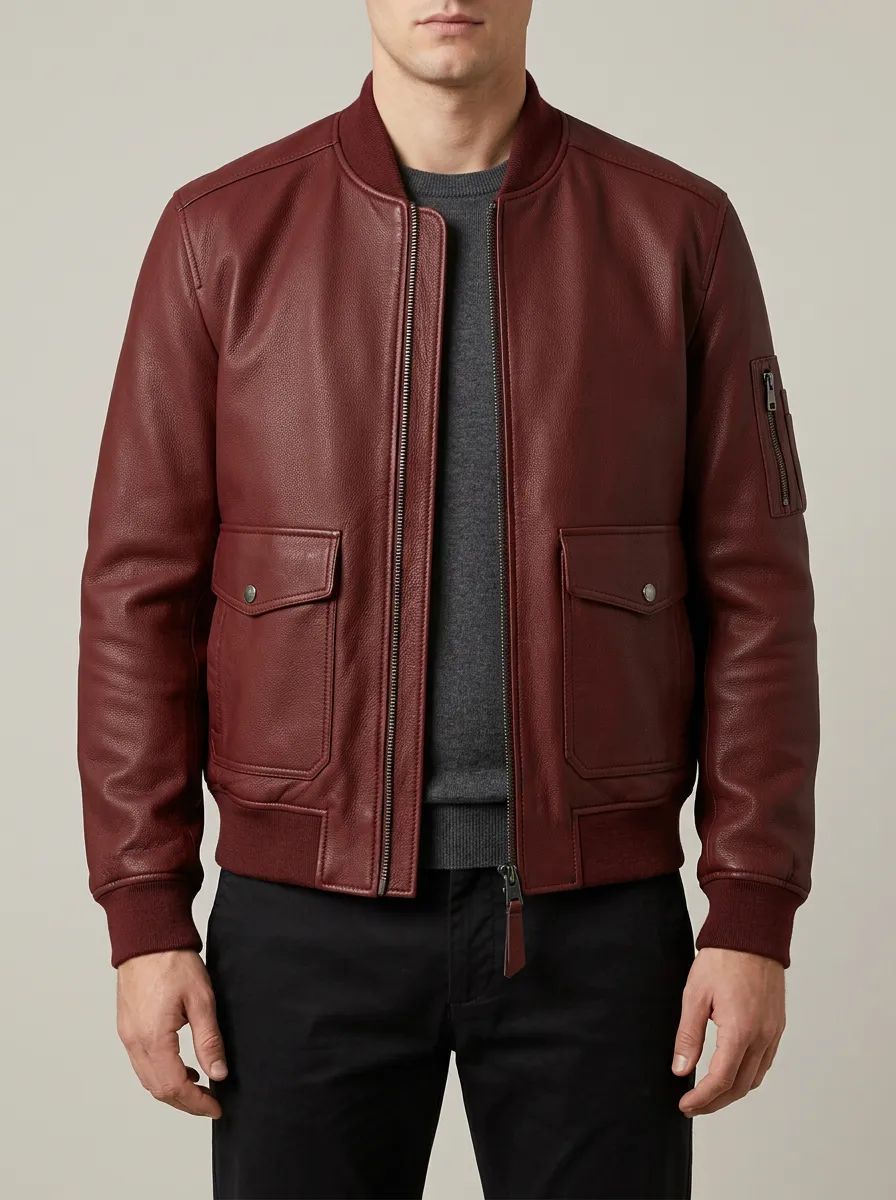 Utility Flap Pockets Zip Front Leather Look Bomber Jacket