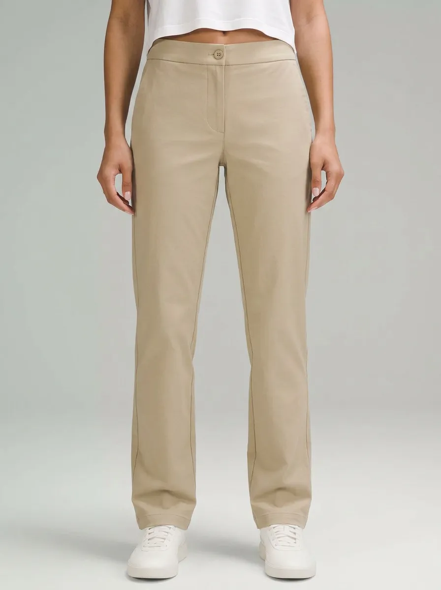Women's Casual Minimalist Beige Solid Mid-Rise Straight Leg Pants