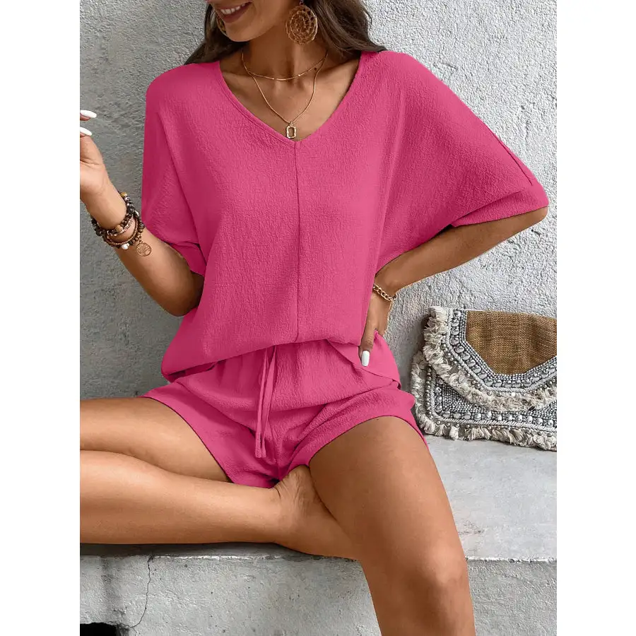 Relaxed Fit V Neck Top and Shorts Two Piece Set