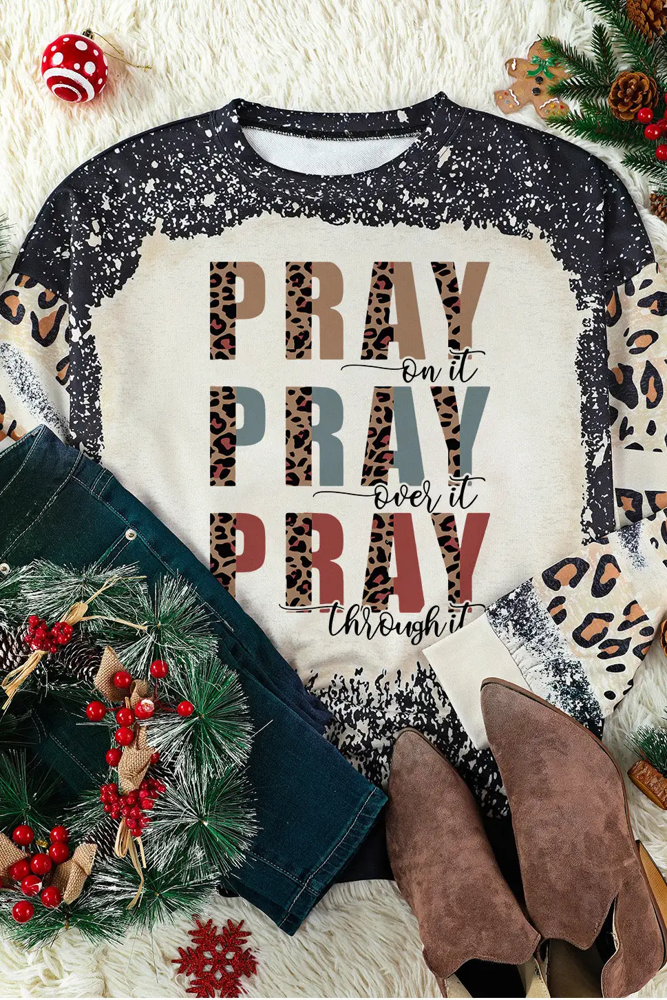 PRAY Letter Leopard Bleached Color Block Sweatshirt