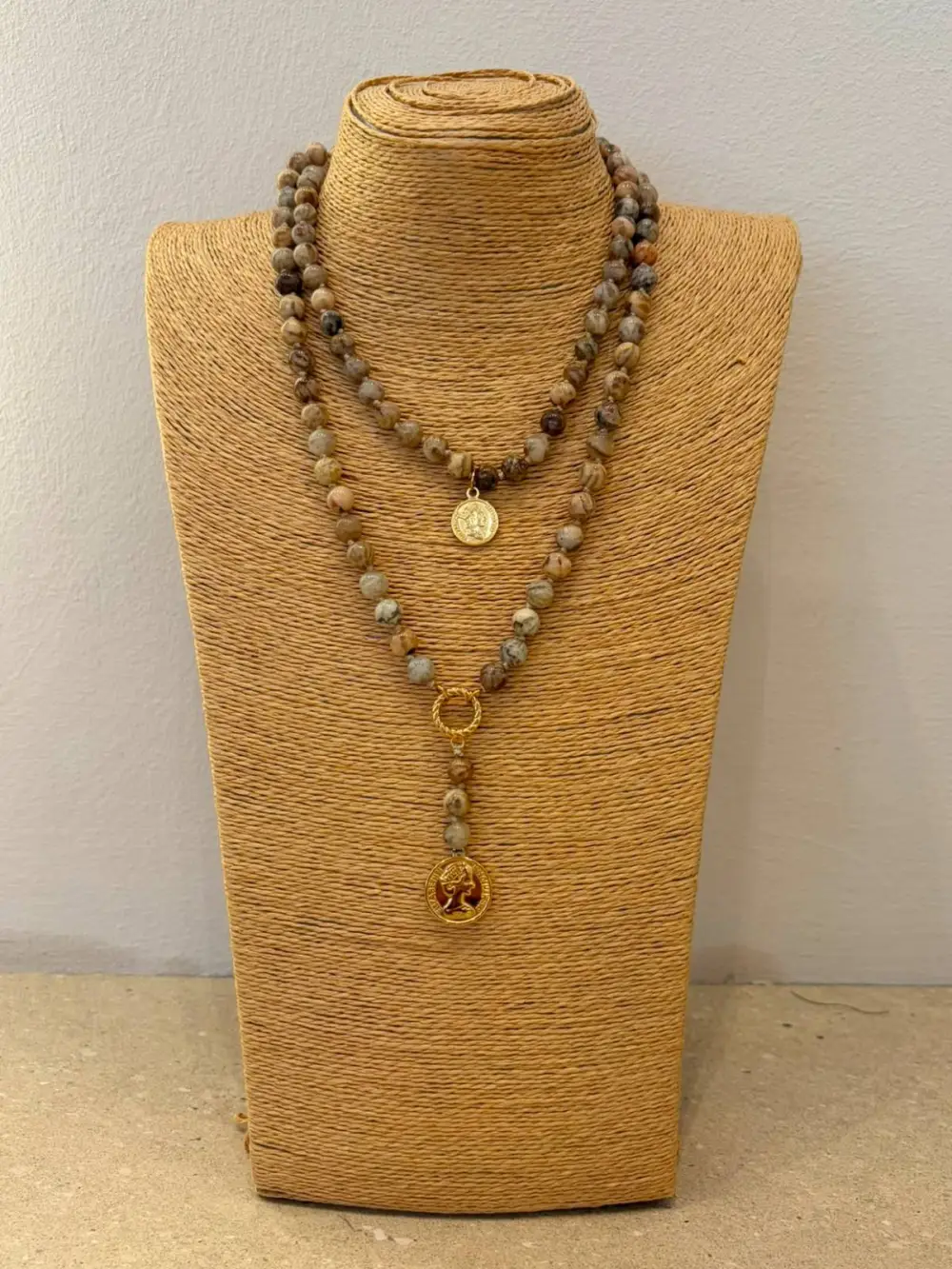 Multi Chain Steel Acrylic Beaded Coin Charm Necklace