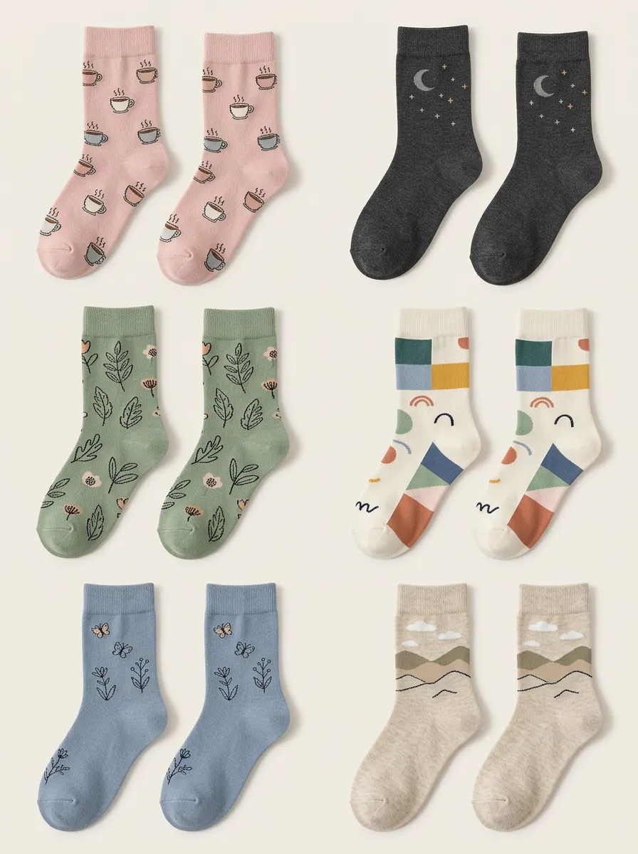 Women's Mixed Abstract Coffee Crew Socks Six Pair Set