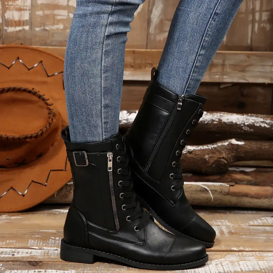Round Toe Lace Up Block Heels Boots