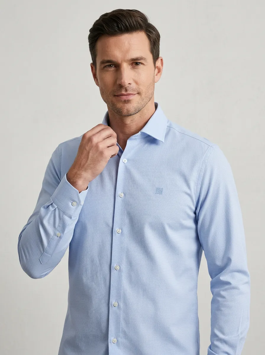 Men's Non-Iron Cotton Micro-Check Pattern Button-Down Shirt