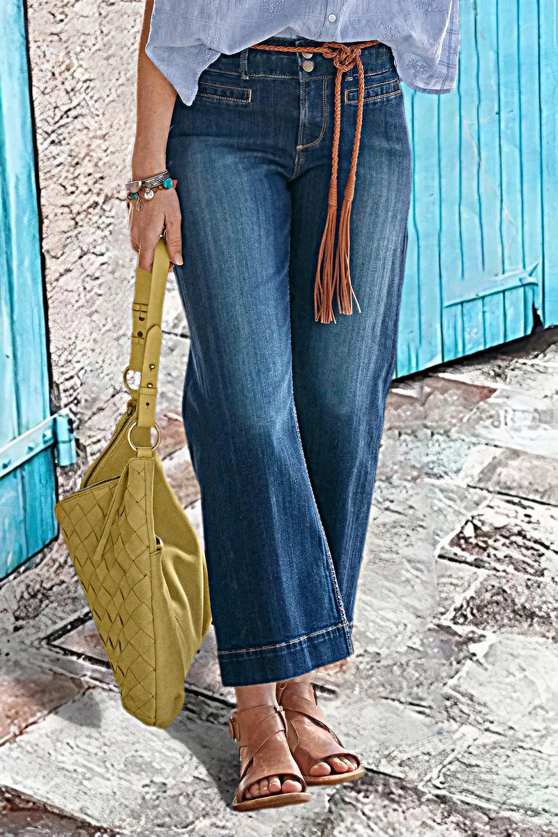 Pocket Detail Wide Leg Mid Waist Jeans Without Belt