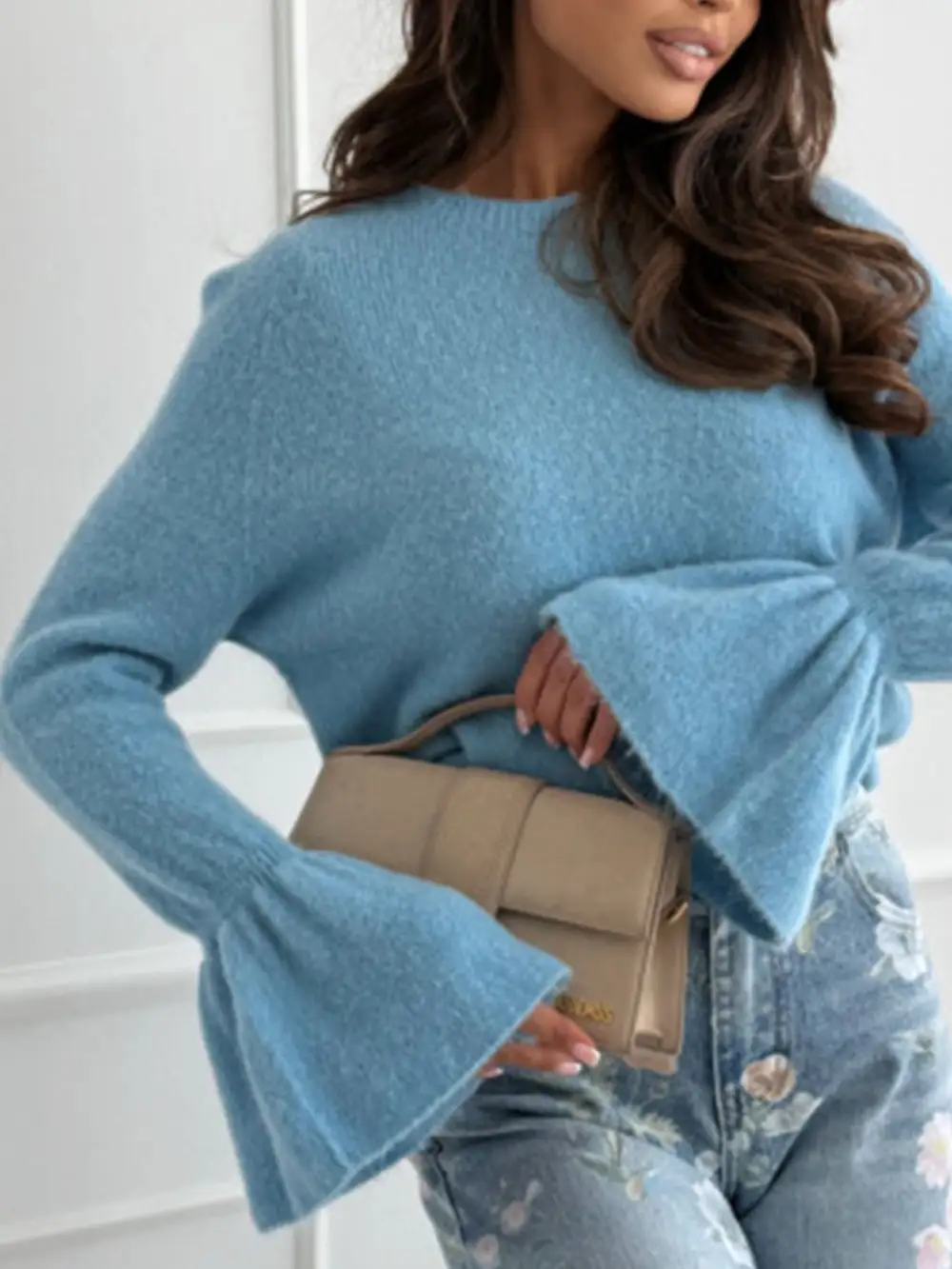 Round Neck Flounce Sleeve Sweater