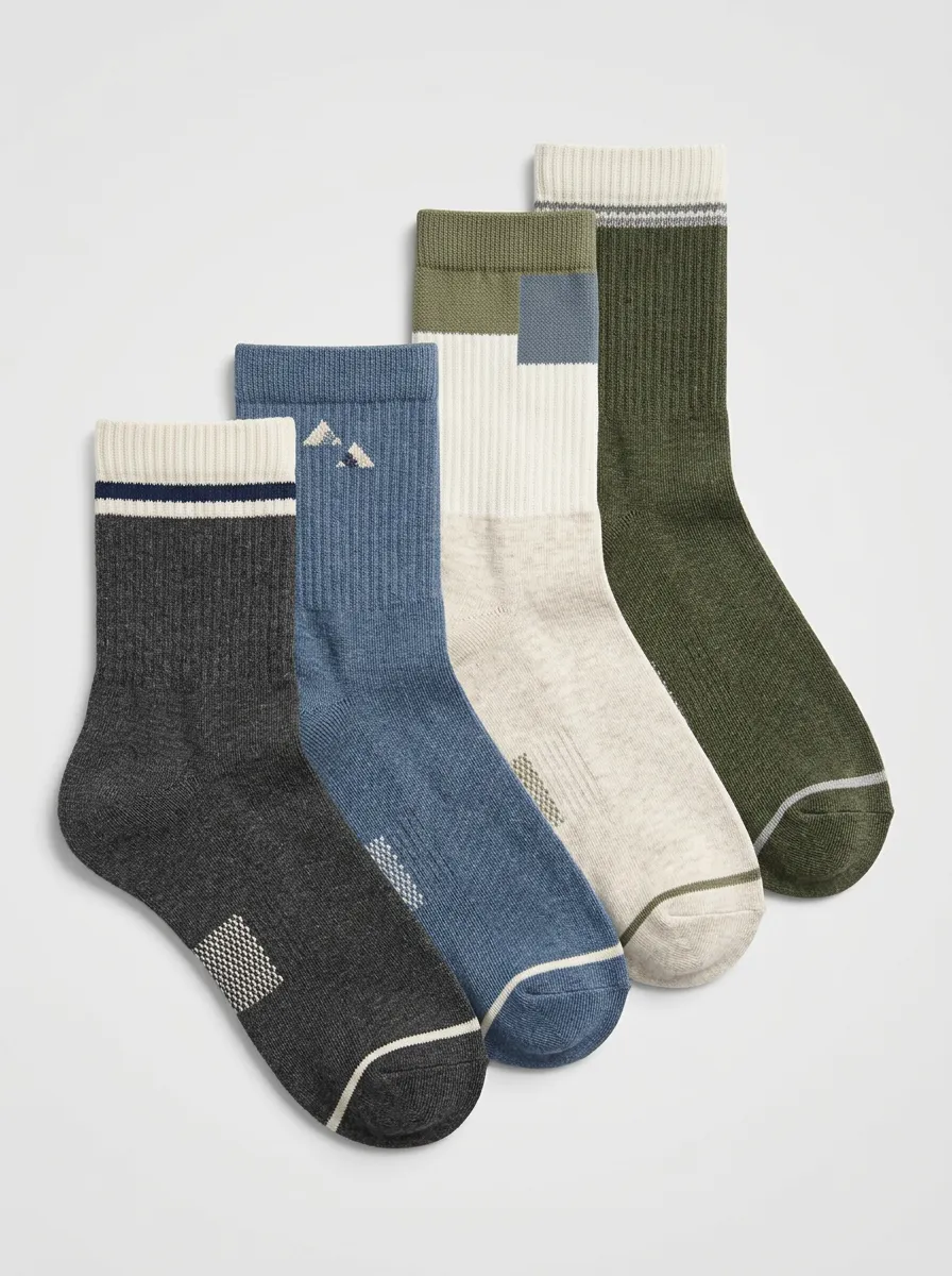 Mountain Motif Ribbed Texture Textured Crew Length Men's Crew Socks Four-Pair Pack