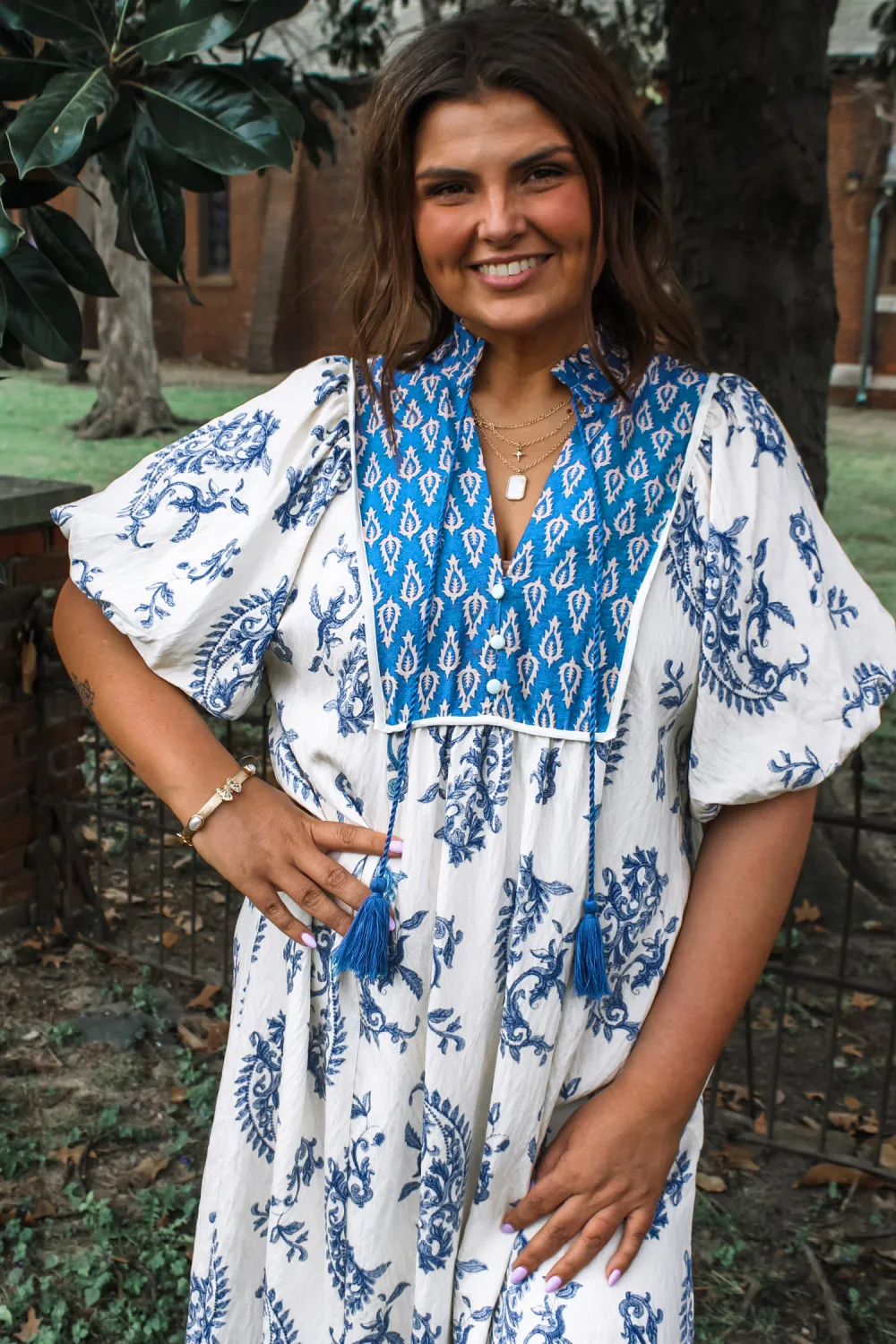 Blue Abstract Tie Neck Dress