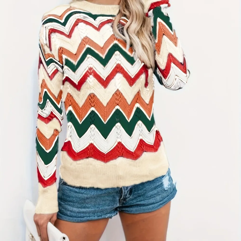 Striped Crew Neck Pullover Sweater Casual Long