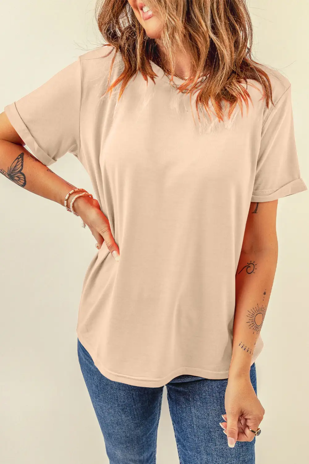 Khaki Casual Plain Crew Neck