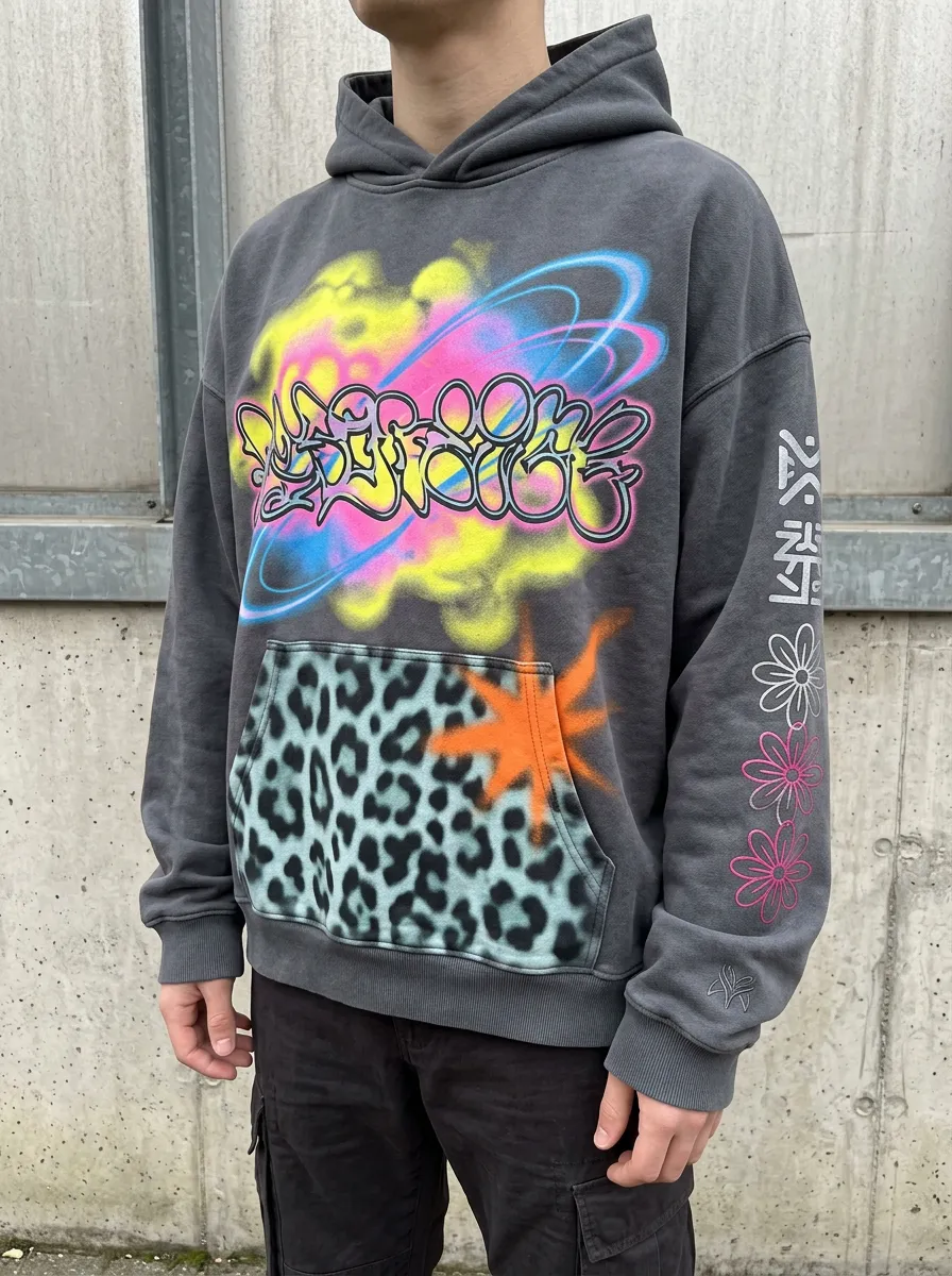 Unisex Graffiti Leopard Floral Sleeve Graphic Hoodie