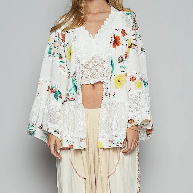 Classic Open Front Lace Detail Floral Detail Cardigan