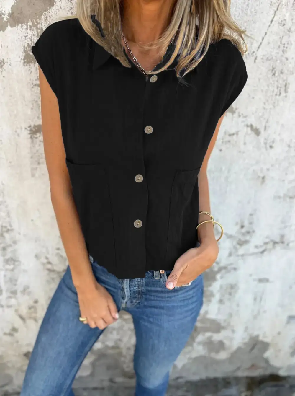 Plus Size Button Down Cap Sleeve Linen Shirt