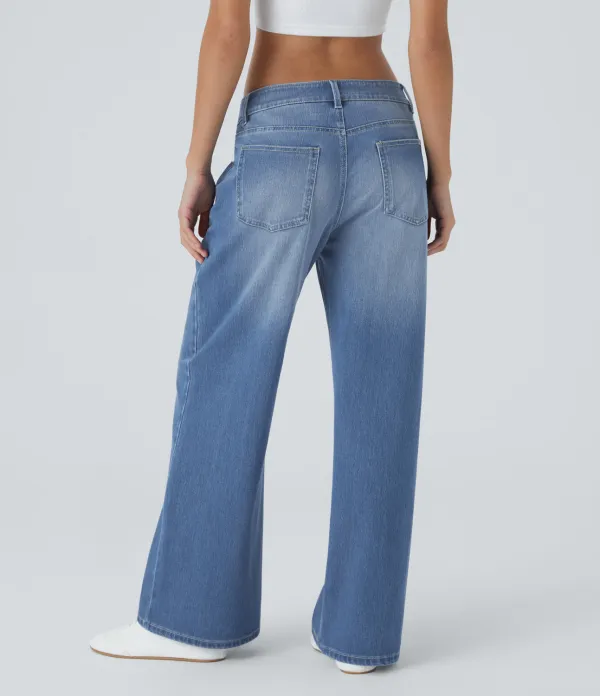 Magic Low Rise Button Zipper Multiple Pockets Washed Stretchy Knit Wide Leg Casual Jeans