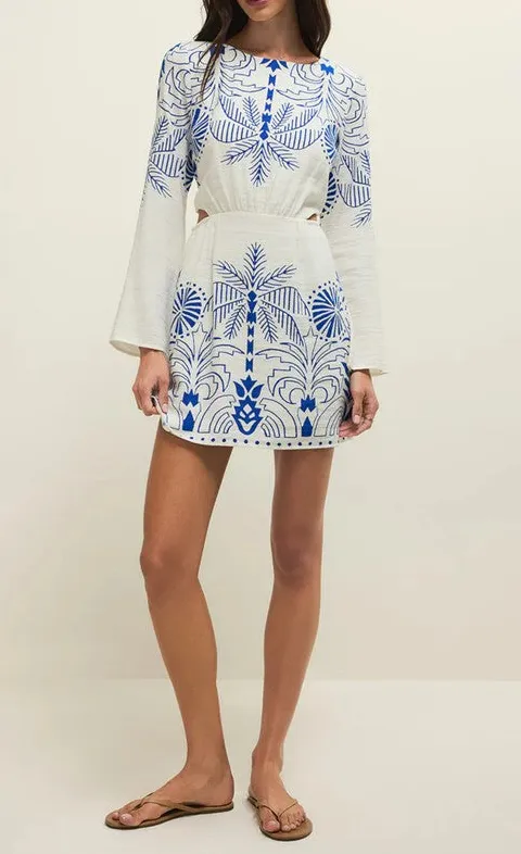 White Blue Embroidered Mini Dress