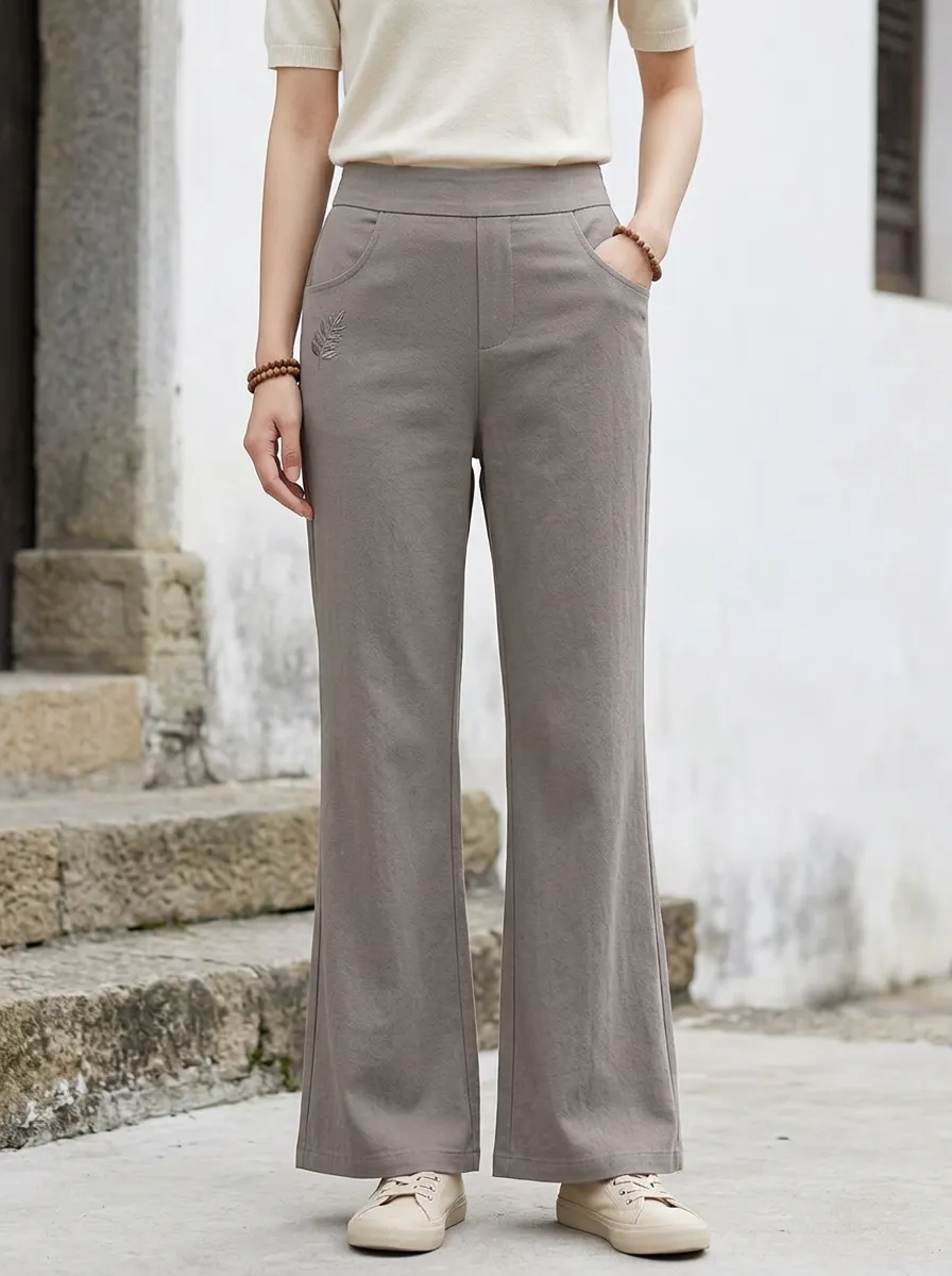 Women's Leaf Embroidered Detail Straight-Leg Trousers