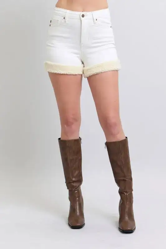 High Waist Shearling Cuff Shorts Denim Pants