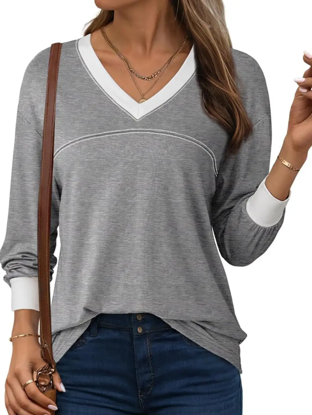Contrast V Neck Loose Sweatshirt