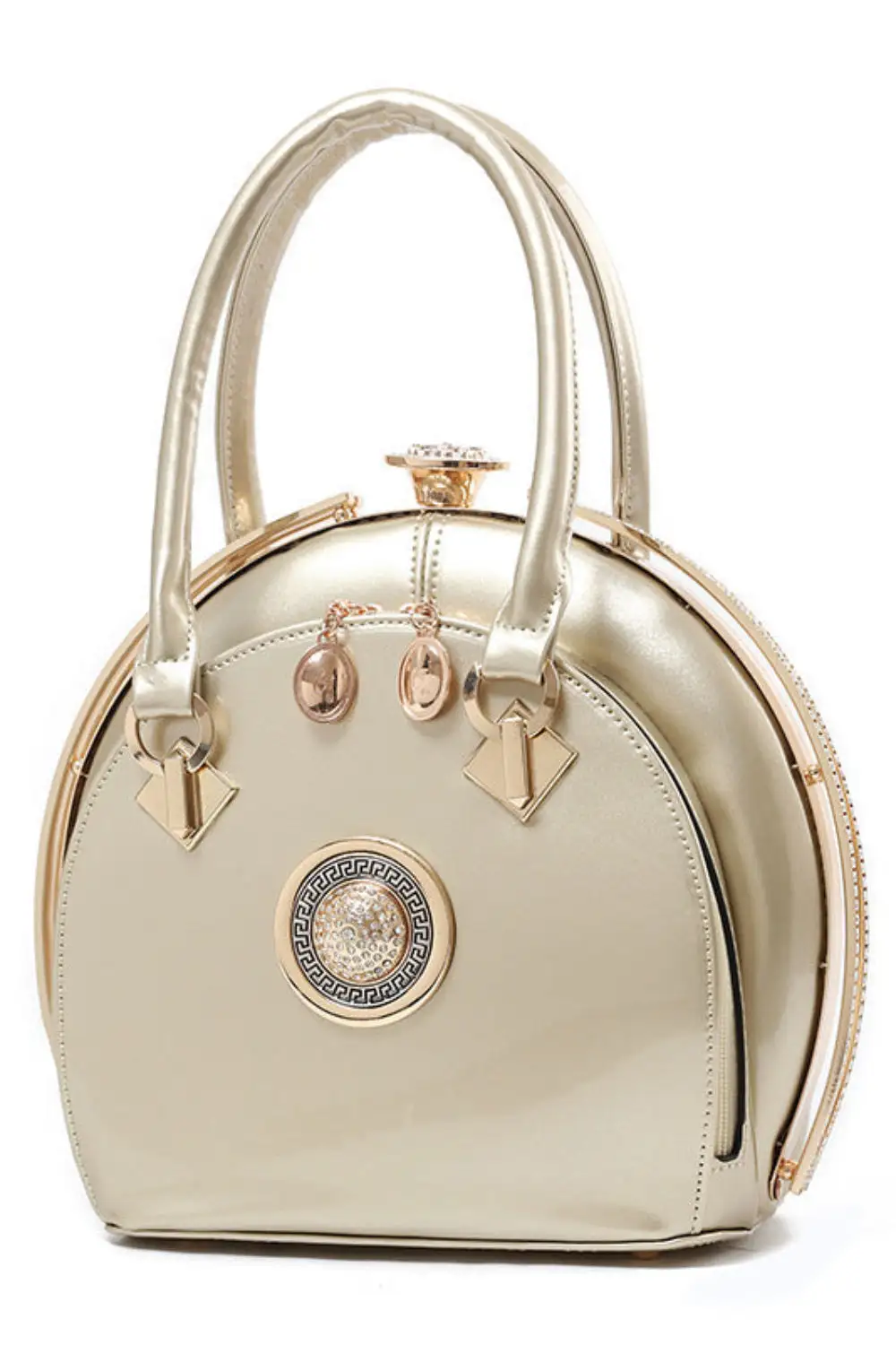 Glossy Black Round Handbag - Vintage Glam Aesthetic