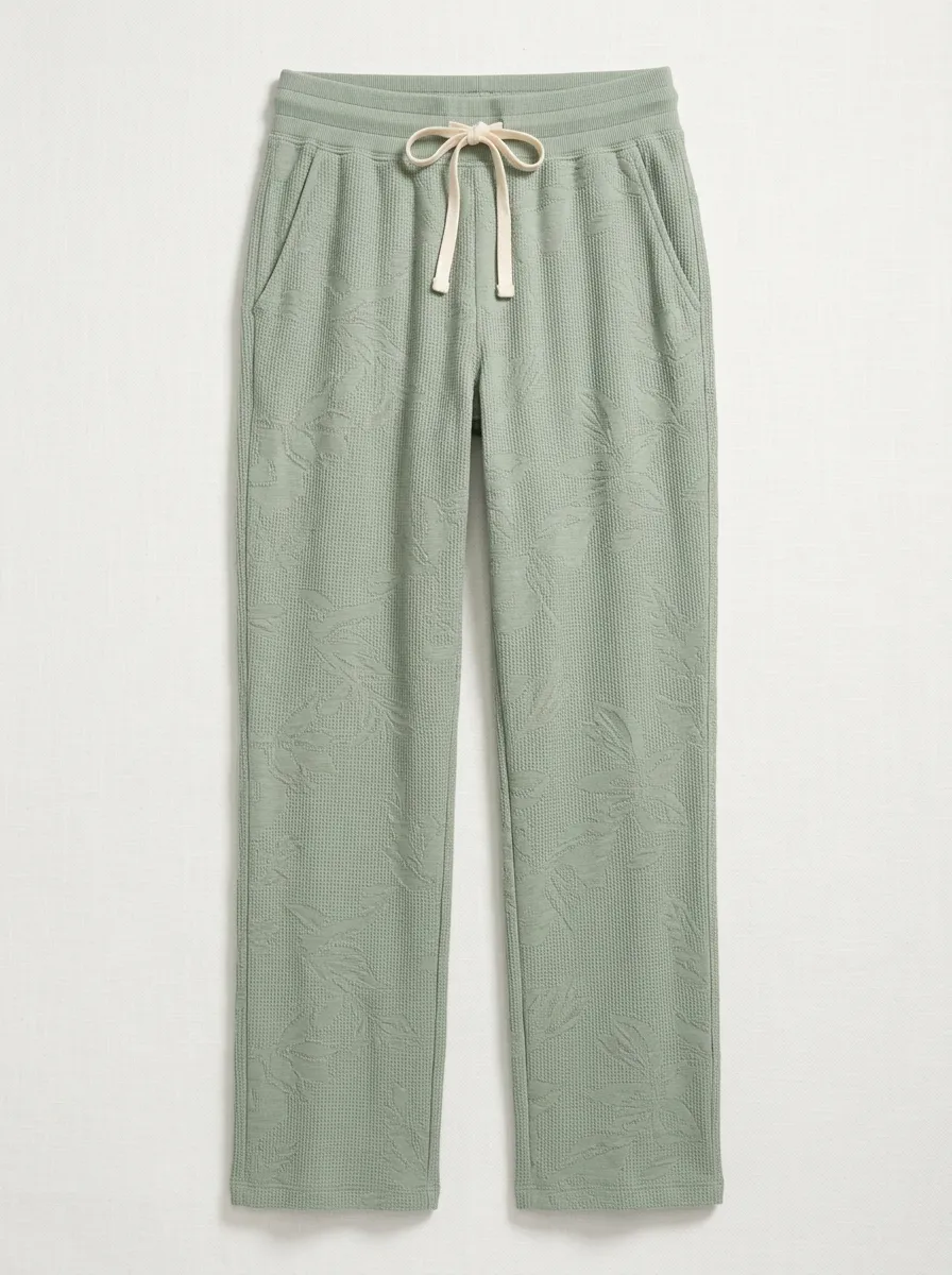 Women's Casual Lounge Sage Green Leaf Printed Waffle Knit Pants