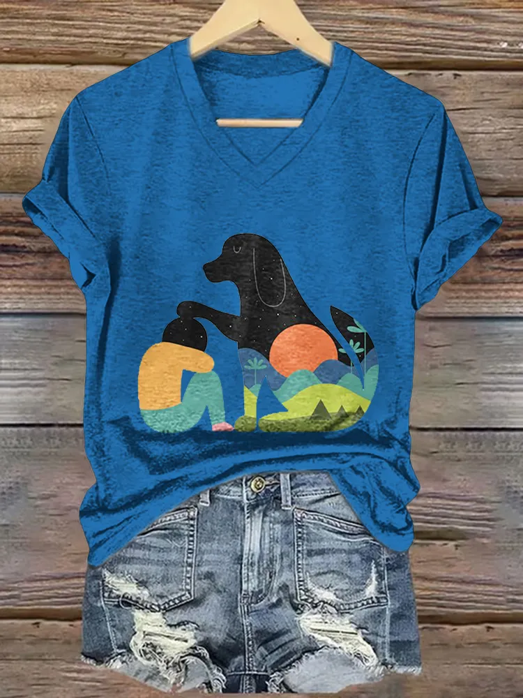 Woman's Puppies And People V-Neck And Short Sleeves T-Shirt