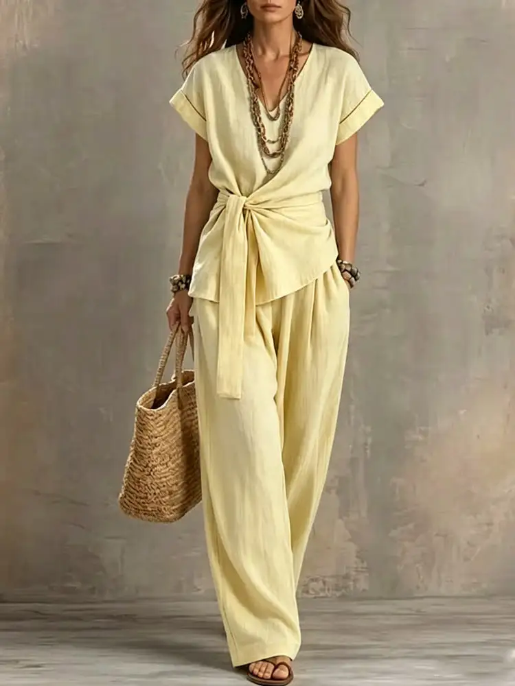 Refined Short-Sleeve V-Neck Women's Matching Set