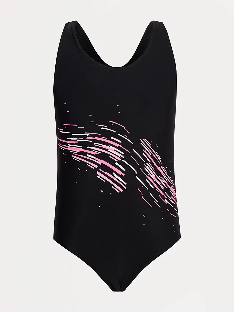 Black Printed Girls School Swimsuit