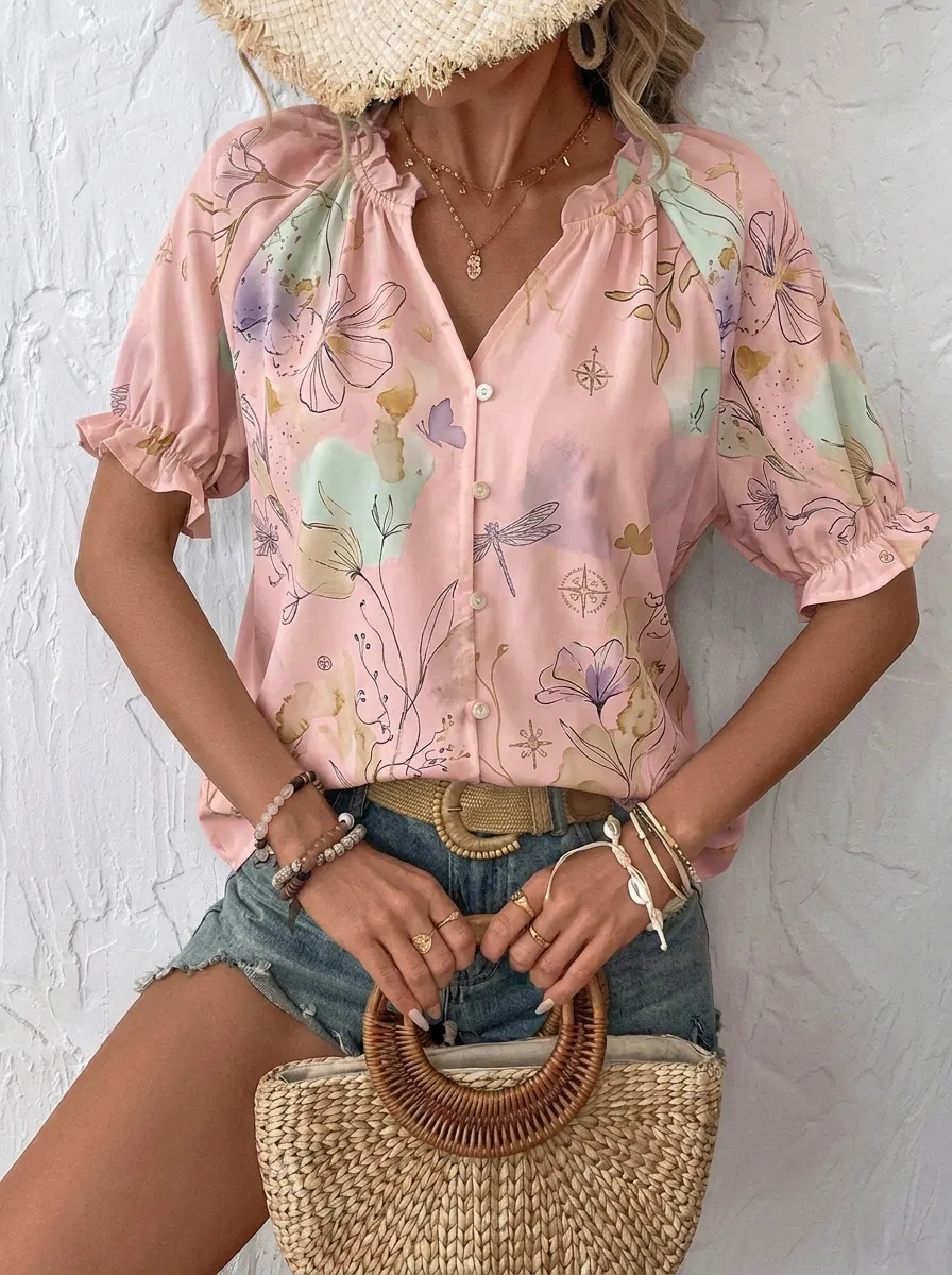 Women's Boho Floral Dragonfly Watercolor Printed Button-Up Blouse