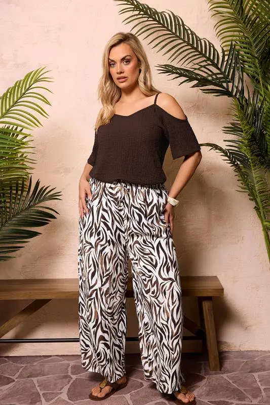 Natural Brown Zebra Print Wide Leg Trousers