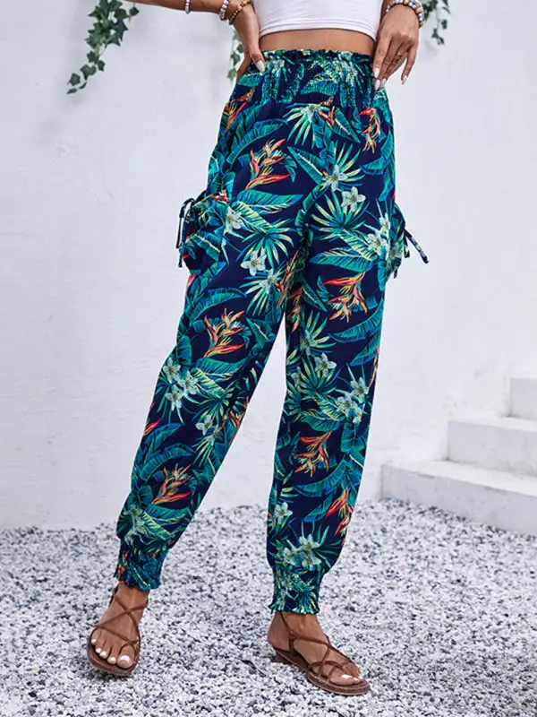 Work Pants Pocket Tropical Print Trousers Leggings