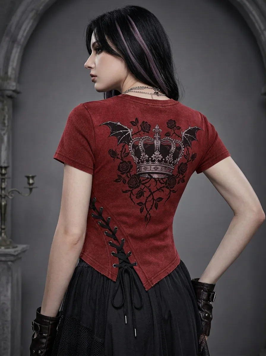 Moonlit Bat Rose Lace Collection Women's Gothic T-Shirt
