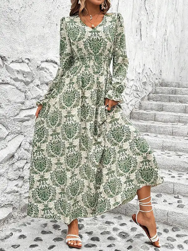 Puff Printed Neck Maxi Dress