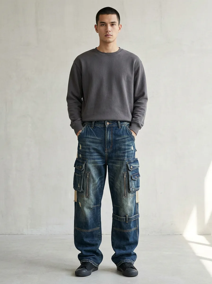 Men's Blue Distressed Multi-Pocket Cargo Strap Detail Cargo Pants