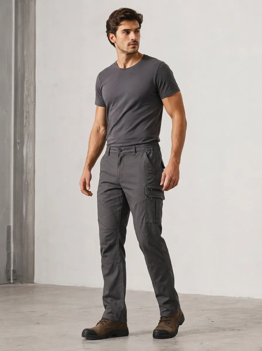Men's Charcoal Utility Cargo Trousers with Straight Leg Detail
