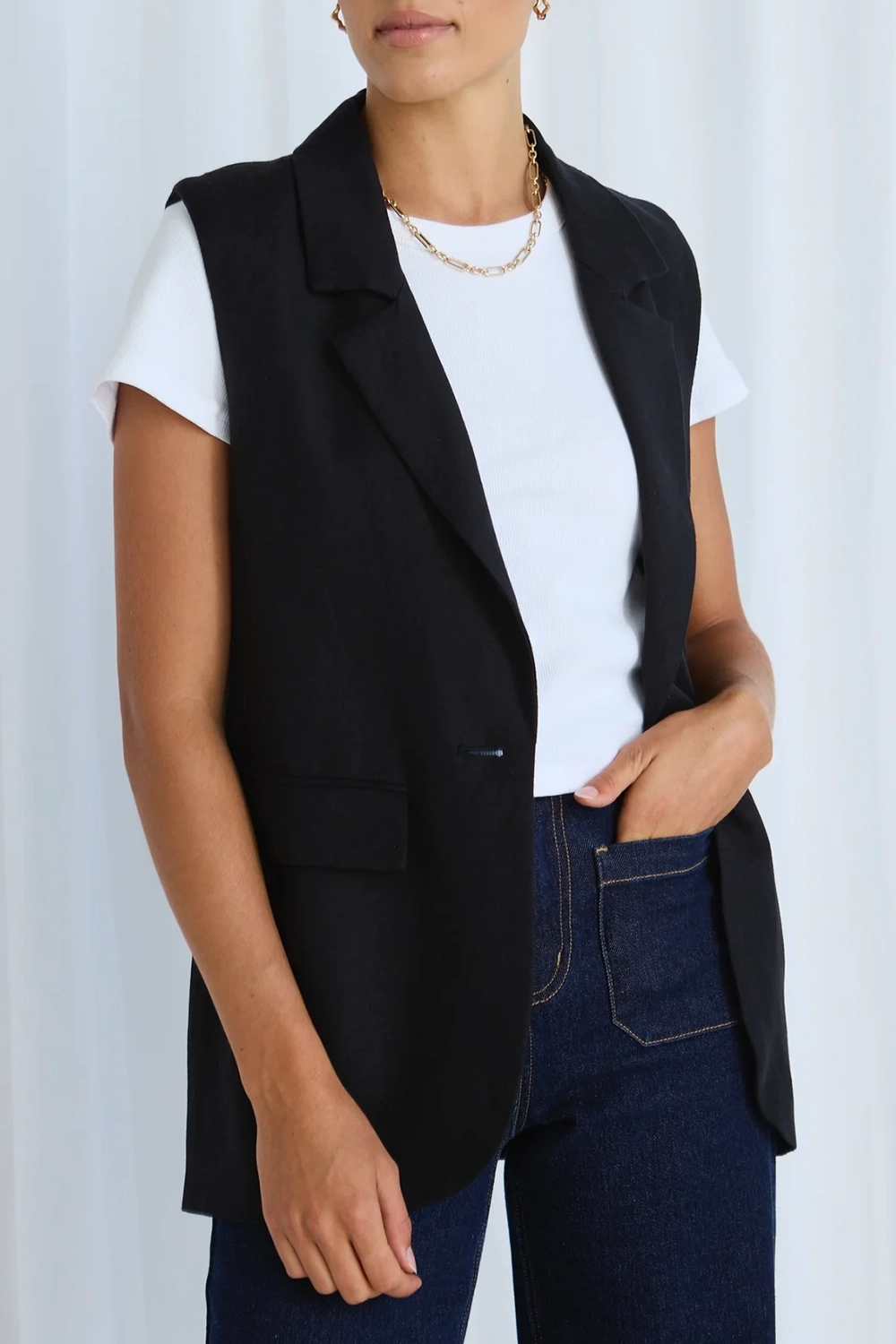 Black Linen Longline Vest