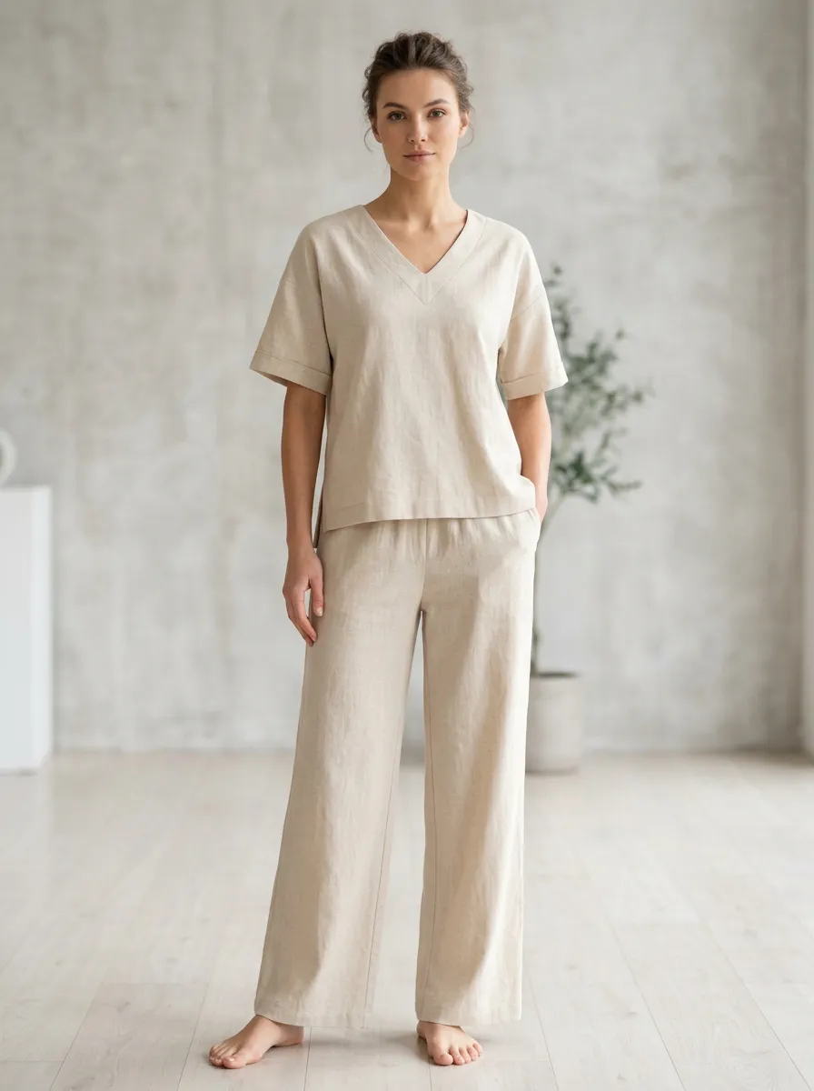 Pocket Accent V Neck Pants Set