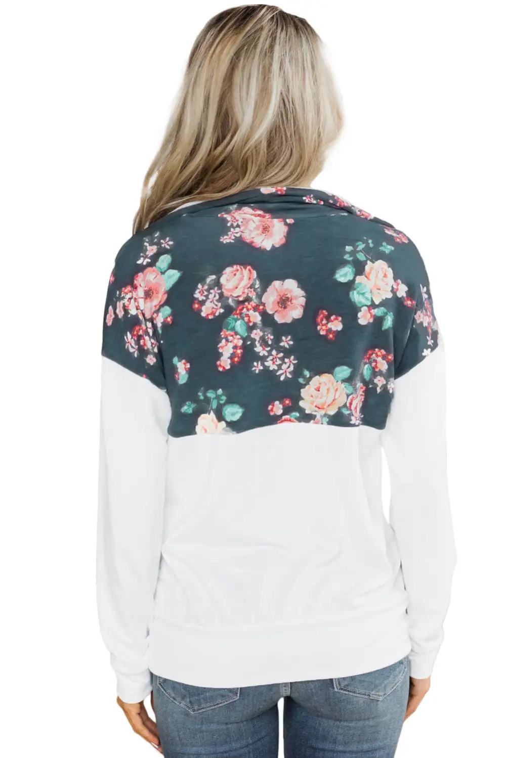 Floral Splice Kangaroo Pocket Zip Collar Sweatshirt