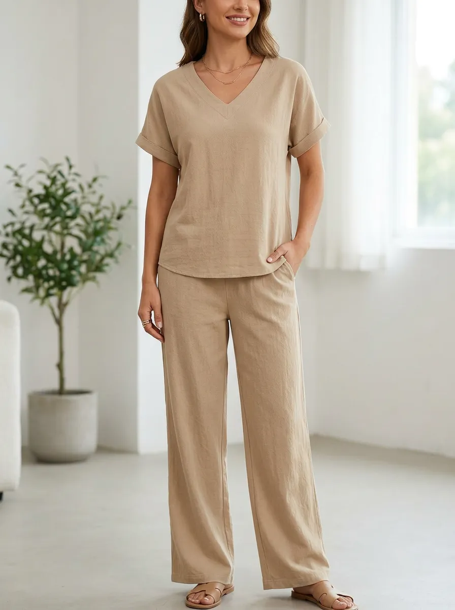 Easy-Wear Short-Sleeve Relaxed Women's V-Neck Casual Lounge Set
