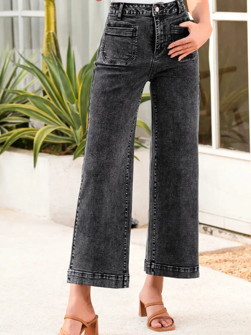 Textured High Waist Wide Leg Washed Denim Jeans