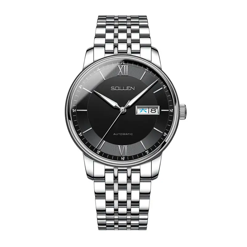 Sollen 9050 Automatic Watch - Men's Dual Calendar Sunray Dial 9-Bead Stainless Steel Bracelet Wristwatch