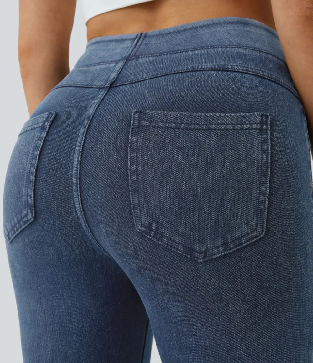 Magic High Waisted Back Side Pocket Stretchy Knit Denim Casual Leggings