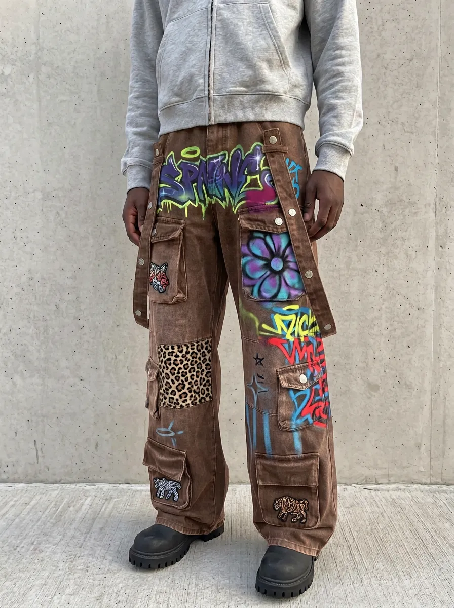 Men's Streetwear Graffiti Leopard Patch Graphic Cargo Jeans
