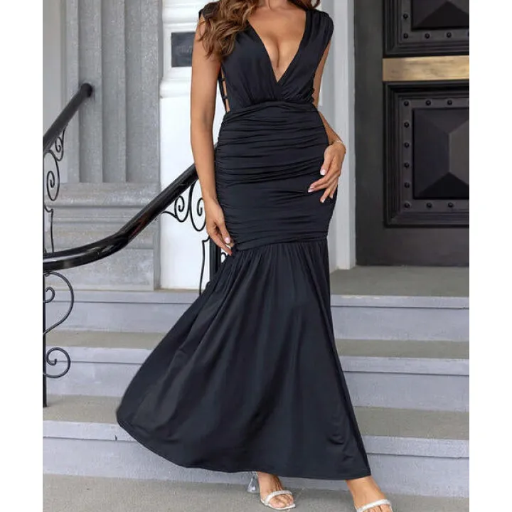 Ruched Plunge Sleeveless Maxi Dress
