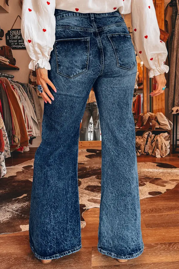 Women's Acid Wash Flare Jeans With Pocket Detail