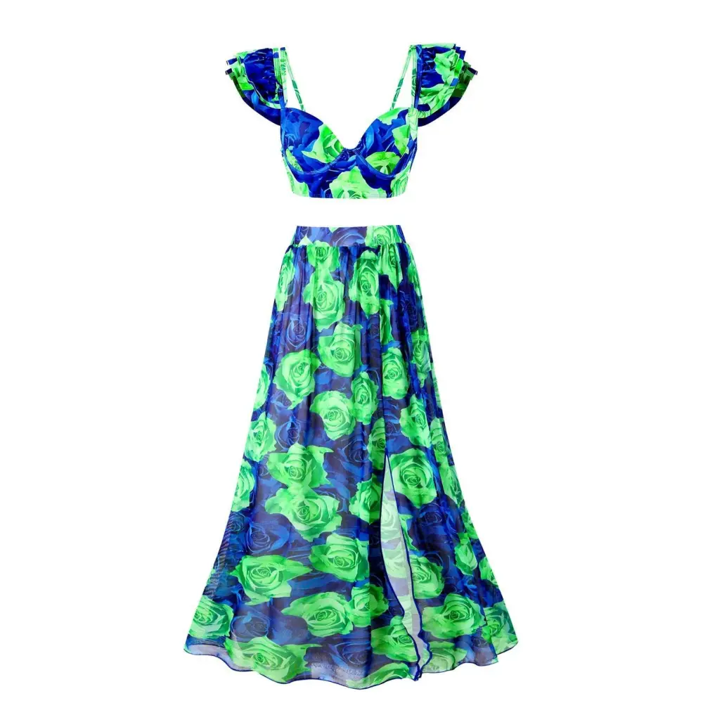 Ruffle Shoulder Two Piece Bikini Set with Skirt/pants Cover