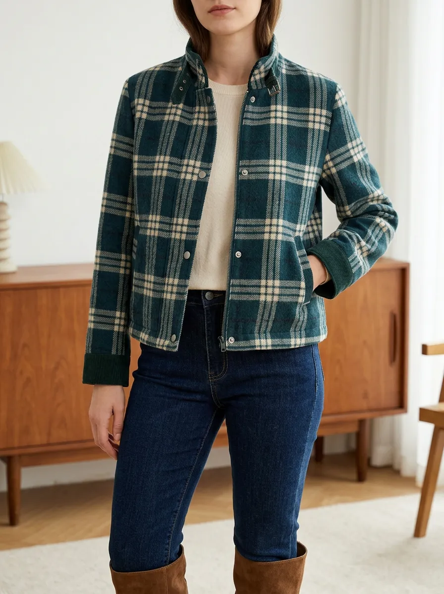 Women's Textured Contemporary Plaid Stand Collar Cropped Jacket