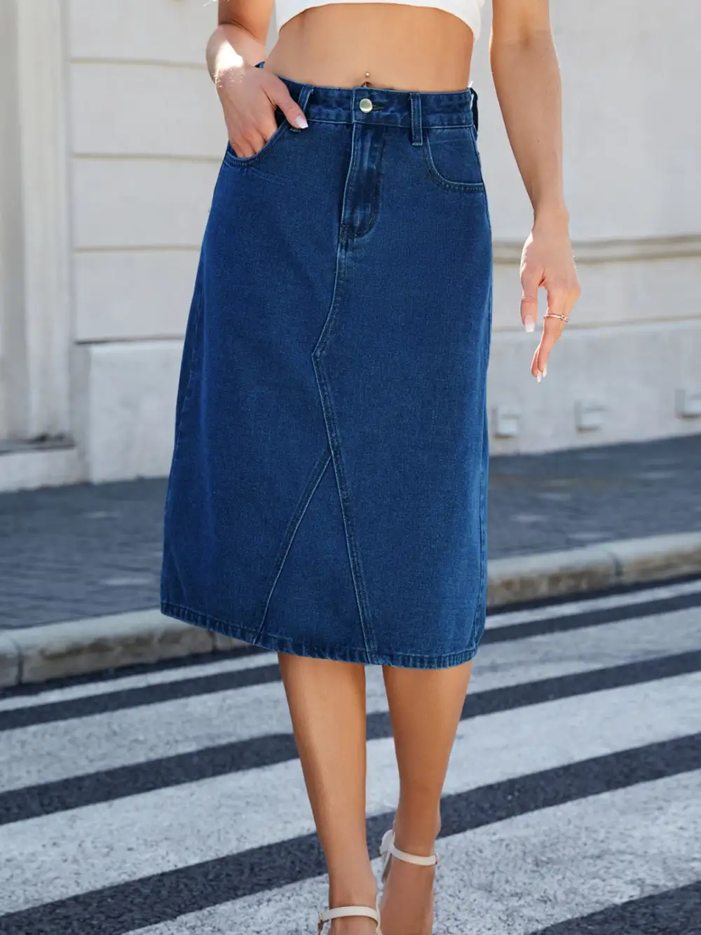 Denim Side Slit Midi Skirt