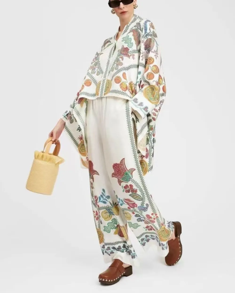 Printed Silk-Twill Flowy Blouse Set