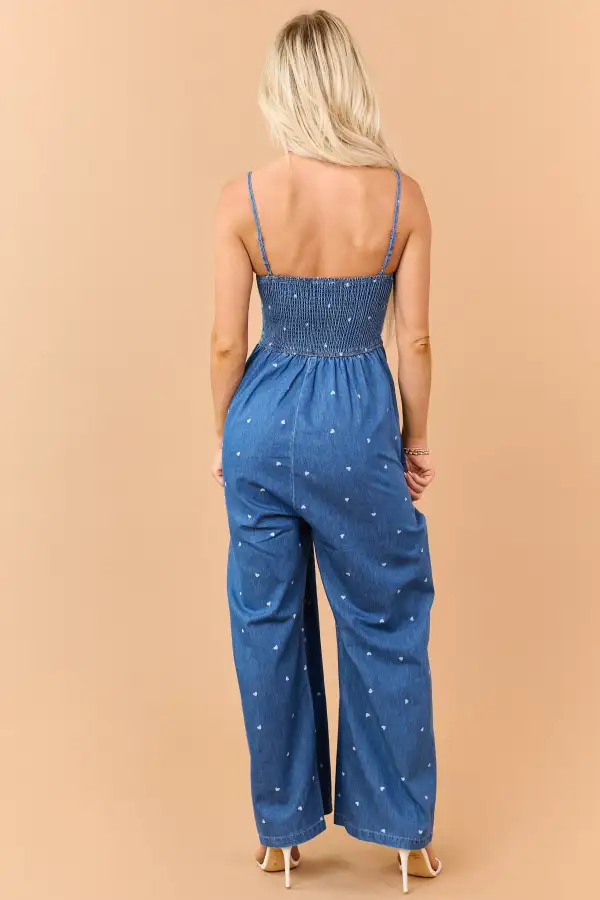 Wash Chambray Heart Print Jumpsuit